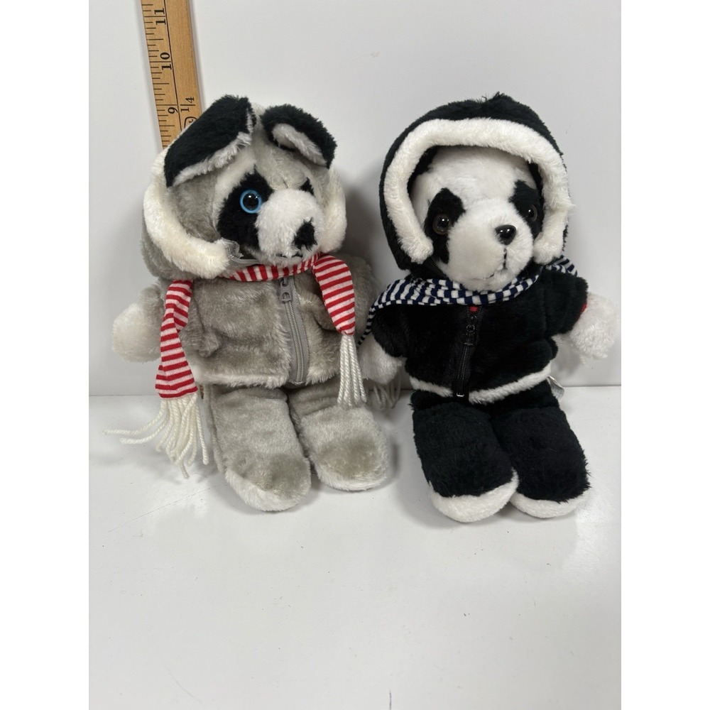 Interpur Plush Panda & Husky In Hooded Jacket Striped Scarf Vintage 1983 Korea